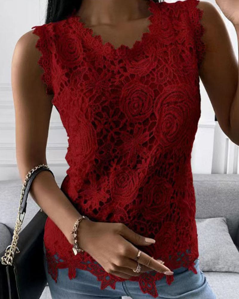 Stylish women's lace detail sleeveless top, a solid color elegant blouse great for business casual or everyday chic.