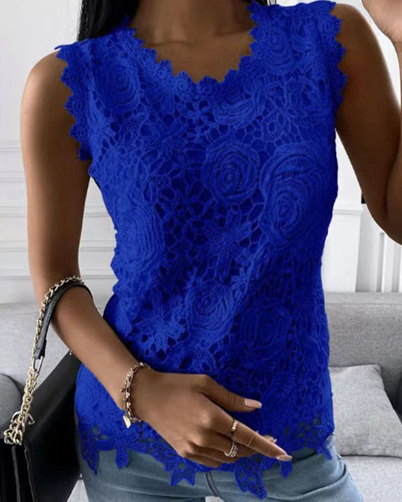 Beautiful solid color sleeveless blouse for women with elegant lace, a perfect summer top for a refined look.