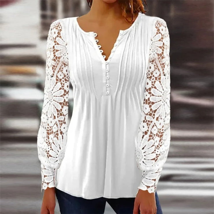 Versatile women's solid color long sleeve top, cotton fabric, featuring elegant lace accents.