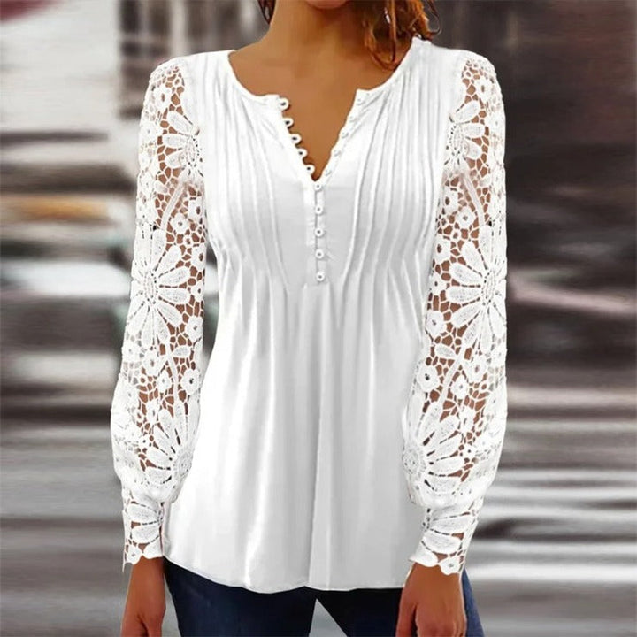 Versatile women's solid color long sleeve top, cotton fabric, featuring elegant lace accents.
