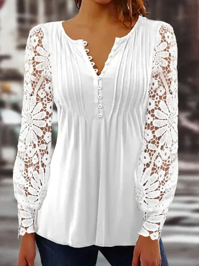 Casual yet chic women's long sleeve top with delicate lace, solid color, ideal for everyday wear.