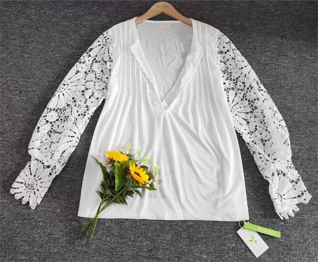 Trendy women's cotton long sleeve top, solid color, elegant lace details for versatile outfits.