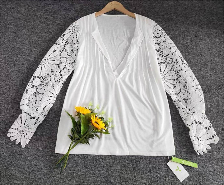 Trendy women's cotton long sleeve top, solid color, elegant lace details for versatile outfits.