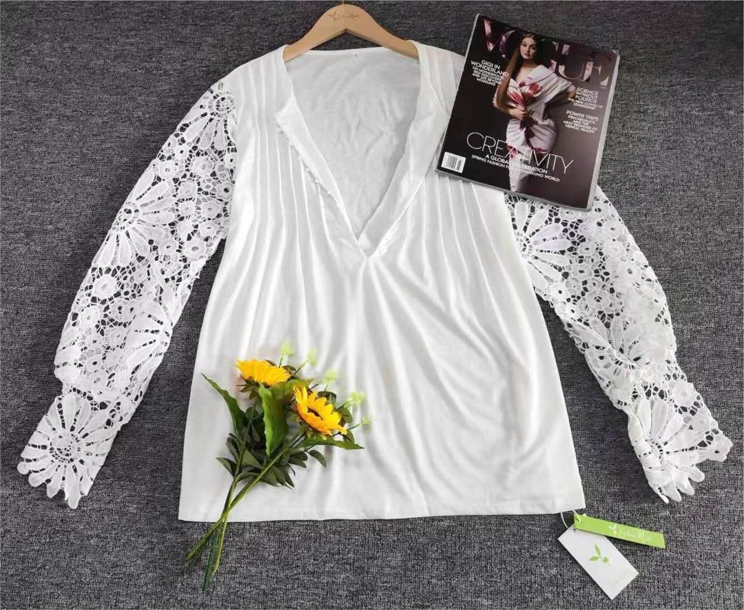 Women's elegant solid long sleeve blouse, featuring sophisticated lace accents, soft cotton.