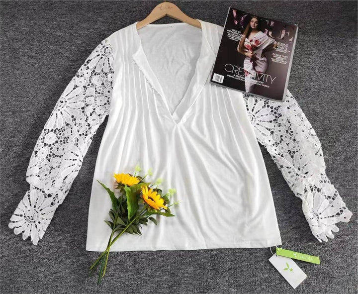 Women's elegant solid long sleeve blouse, featuring sophisticated lace accents, soft cotton.