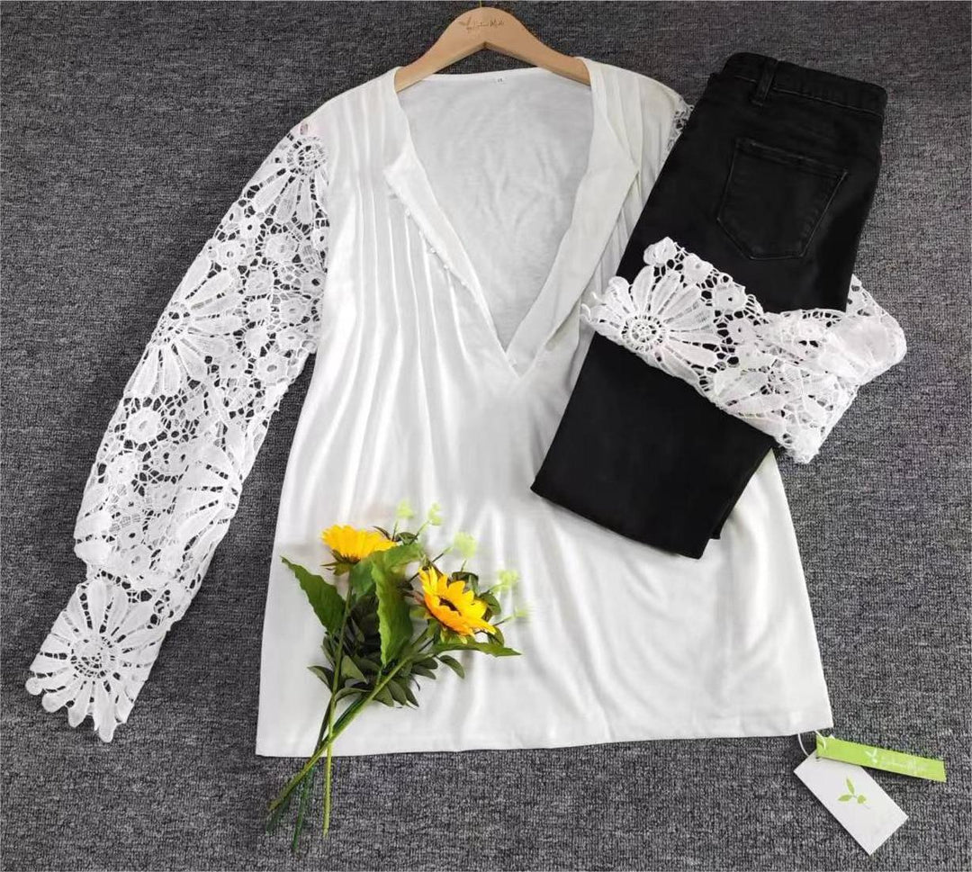 Chic women's long sleeve solid top, versatile for casual or elegant looks, with delicate lace.