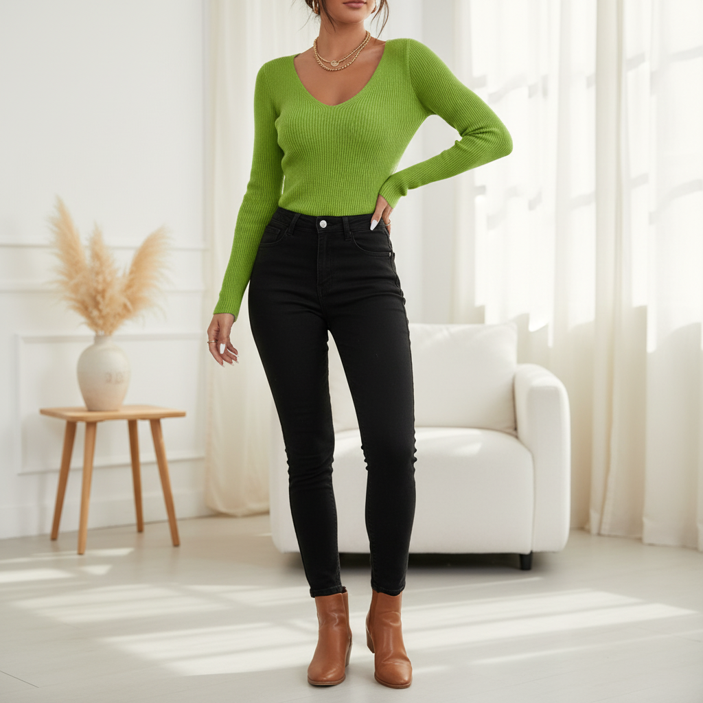 Elegant women's Solveig V-neck knit sweater in acrylic, perfect for casual winter fashion.