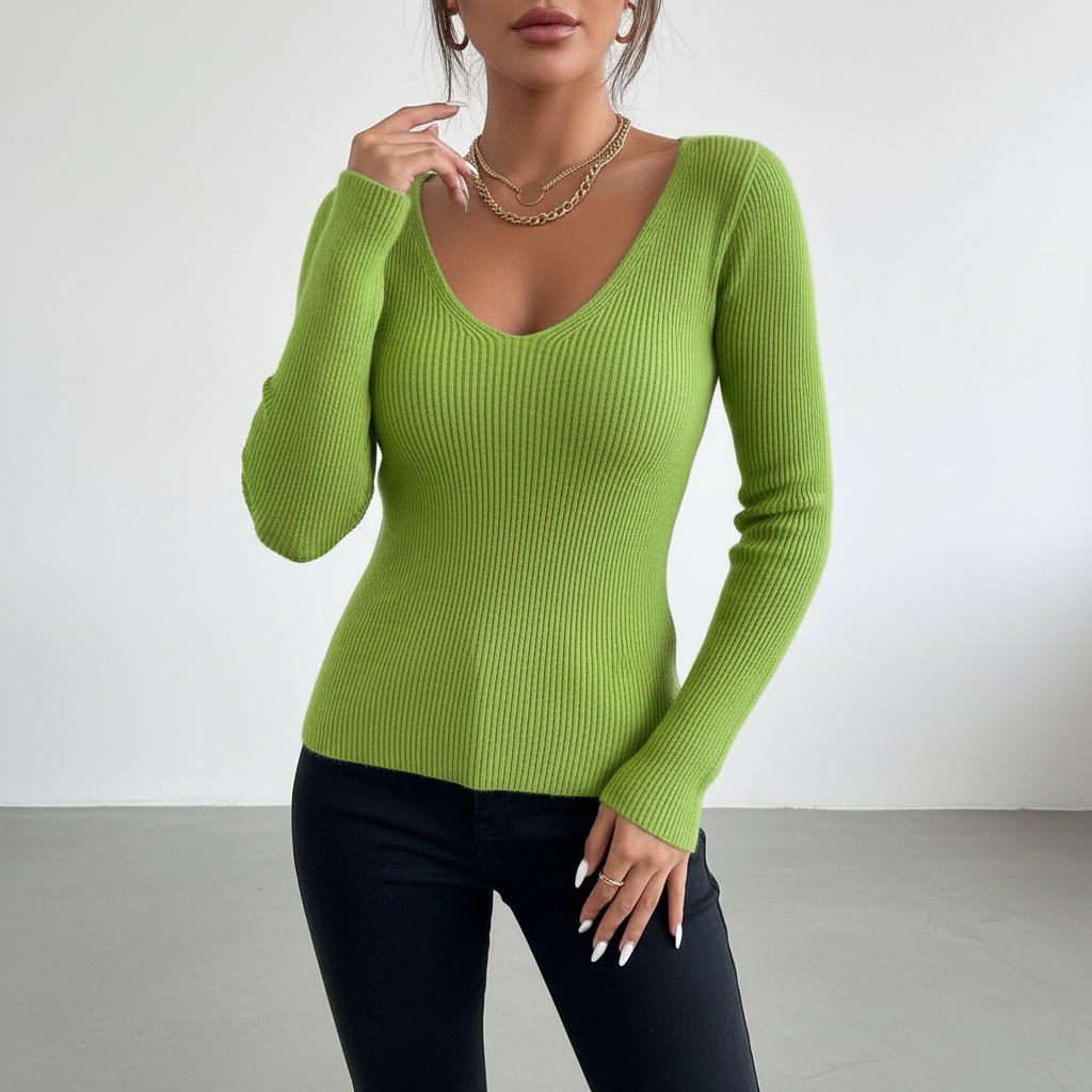 Women's long sleeve V-neck knit sweater by Solveig, an elegant and warm winter apparel choice.