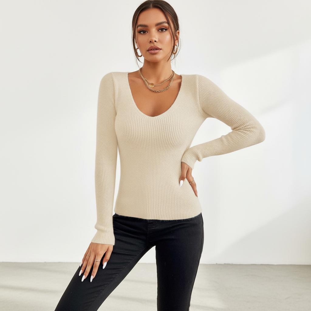 Casual yet elegant women's V-neck knit sweater, a must-have acrylic top for winter apparel.