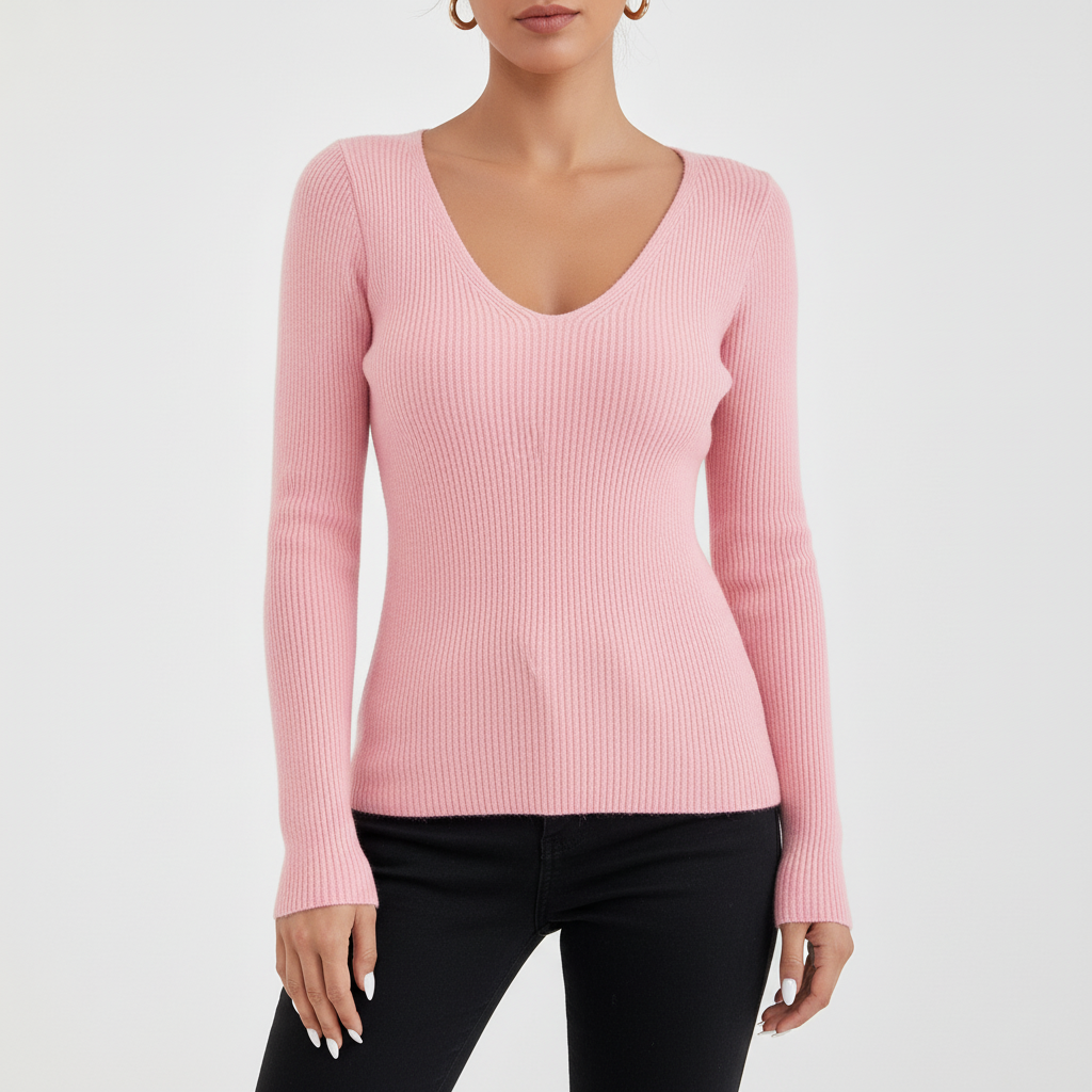 Warm acrylic V-neck knit sweater for women, Solveig design, perfect for elegant casual wear.