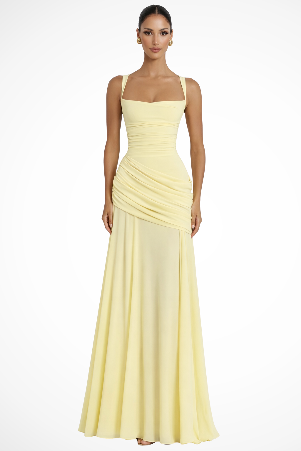 Elegant women's square neck ruched A-line maxi dress, perfect for wedding guests & formal occasions.