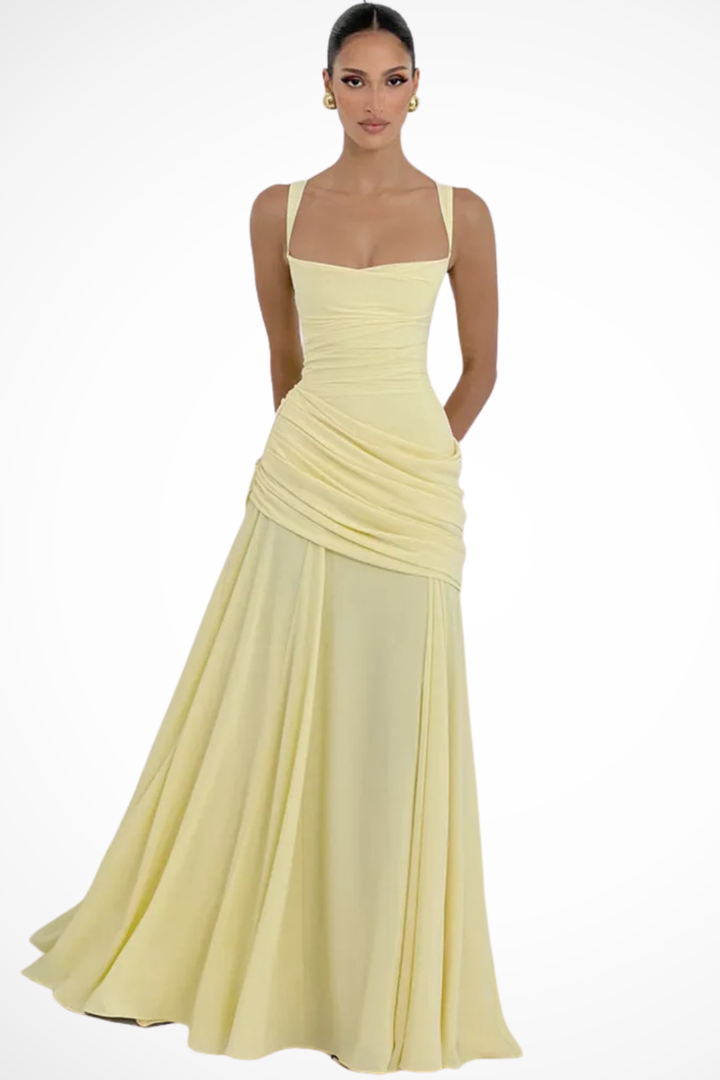 Stylish women's ruched A-line maxi dress, featuring a square neck; perfect party or formal wear.