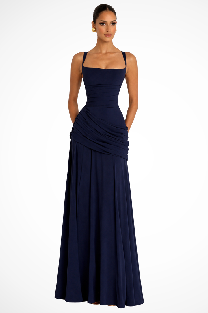 Close-up of the elegant ruched detail on a women's square neck A-line maxi formal dress.