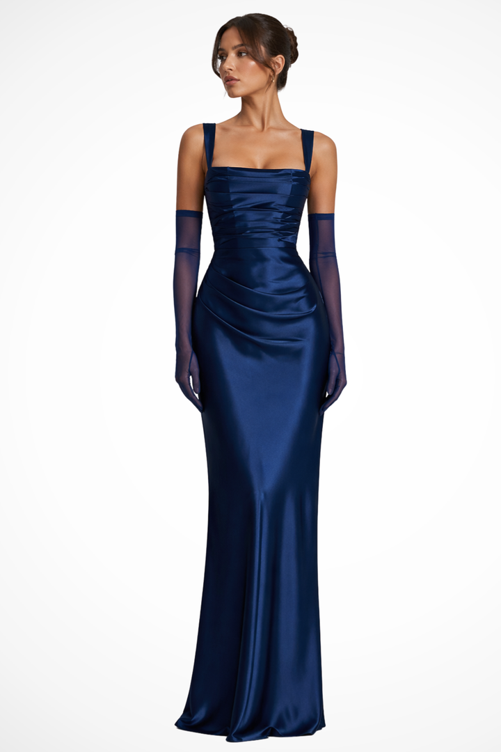 Chic women's square neck ruched maxi dress, an elegant choice for a gala, party, or formal evening event.