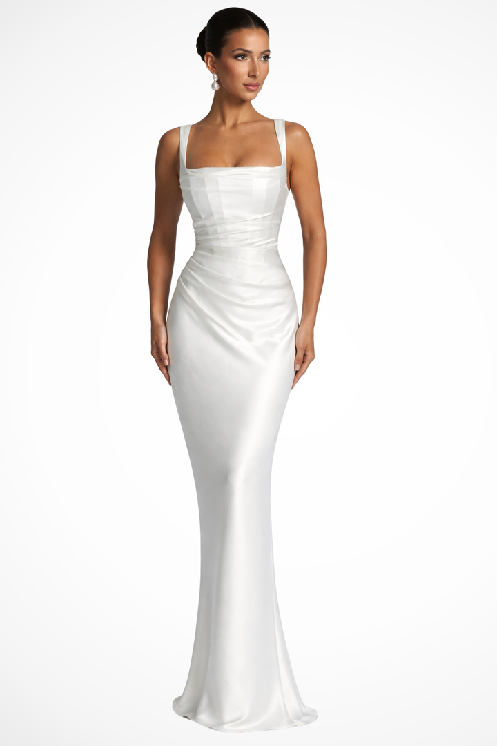 Sophisticated women's square neck ruched maxi dress, offering a comfortable yet elegant look for special occasions.