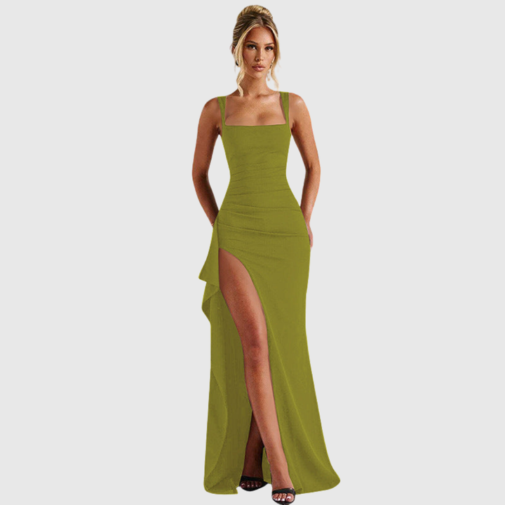 Perfect dance dress: women's square neck design, sleek fit, and alluring thigh slit. Feel confident.