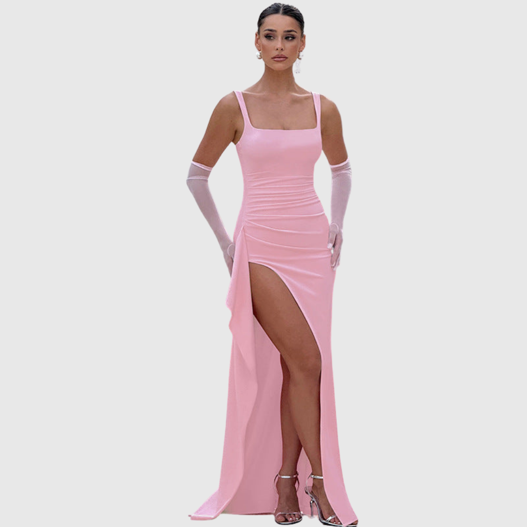 Women's fashionable square neck cocktail dress with an elegant thigh slit, perfect for any special event.