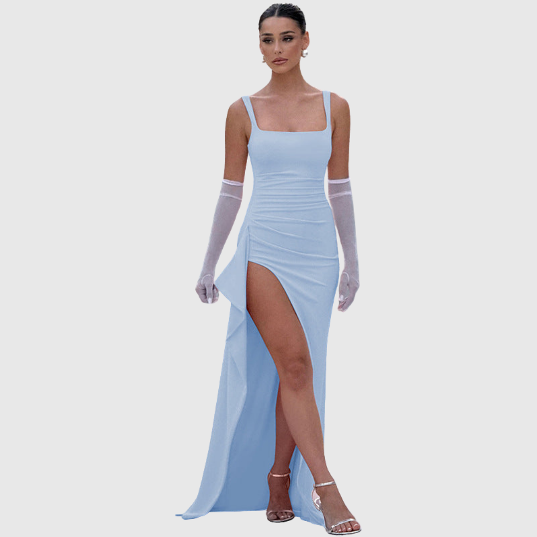 Sleek women's homecoming dress, square neckline, and a bold thigh slit to make a statement at your dance.