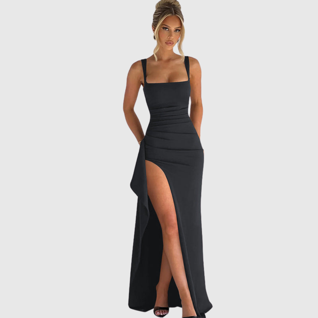 Formal evening wear: graceful women's square neck dress with a high thigh slit for a chic look.