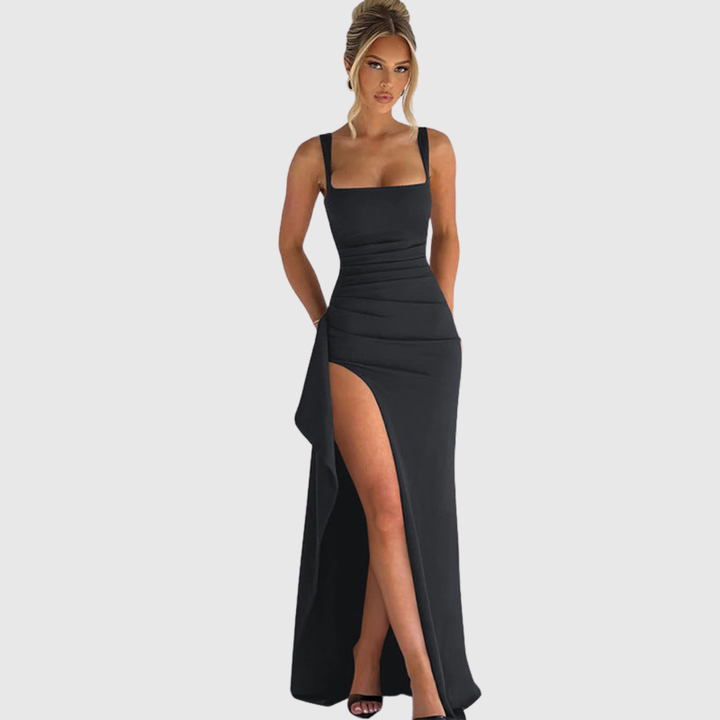 Formal evening wear: graceful women's square neck dress with a high thigh slit for a chic look.