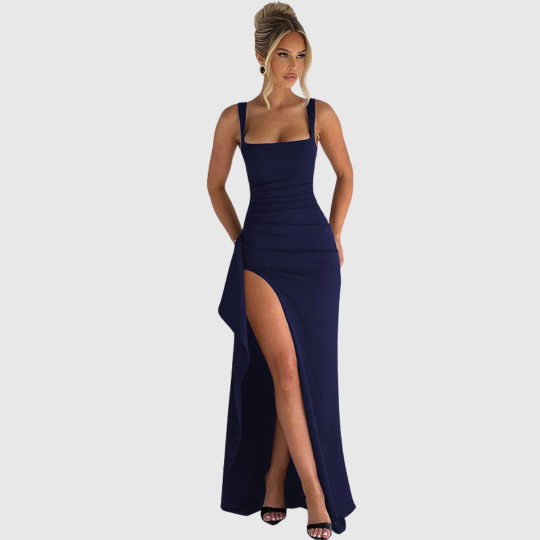 A luxurious women's square neck formal gown, accented with a stylish thigh slit for glamorous evenings.
