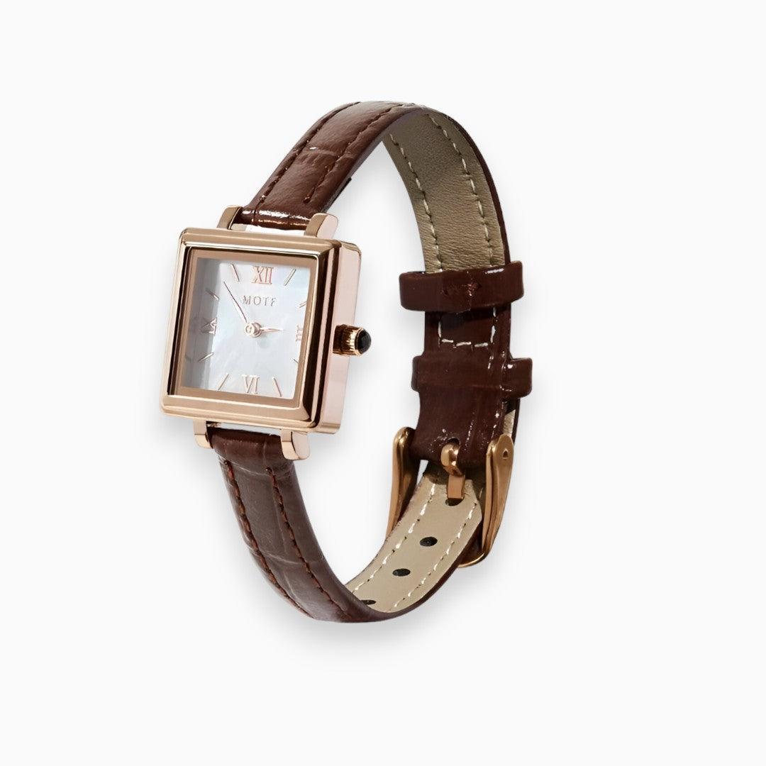 Elegant women's square quartz watch featuring an apricot dial & vegan leather strap, water-resistant for daily wear.