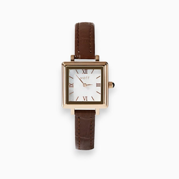 Stylish women's square quartz watch with a unique apricot dial, durable vegan leather band, perfect for fashion.