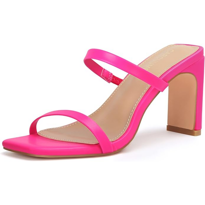 Close-up of the square toe and sturdy block heel on Eline women's sandals