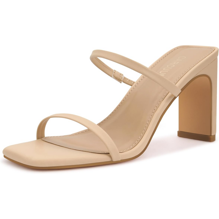 Pair of Eline square toe block heel sandals, showing elegant strap detailing