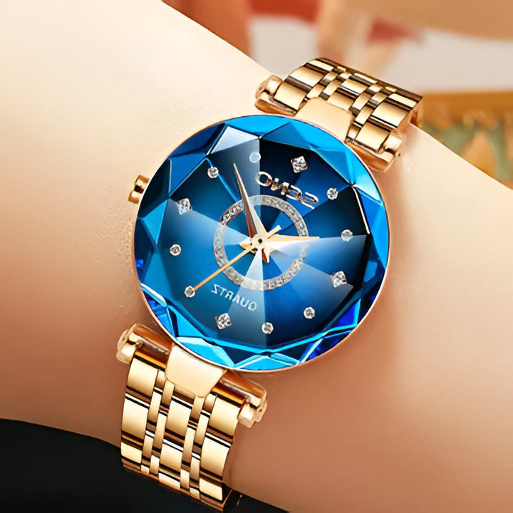 Elegant Women's Stainless Steel Watch with starry dial, rose gold accents & quartz movement.