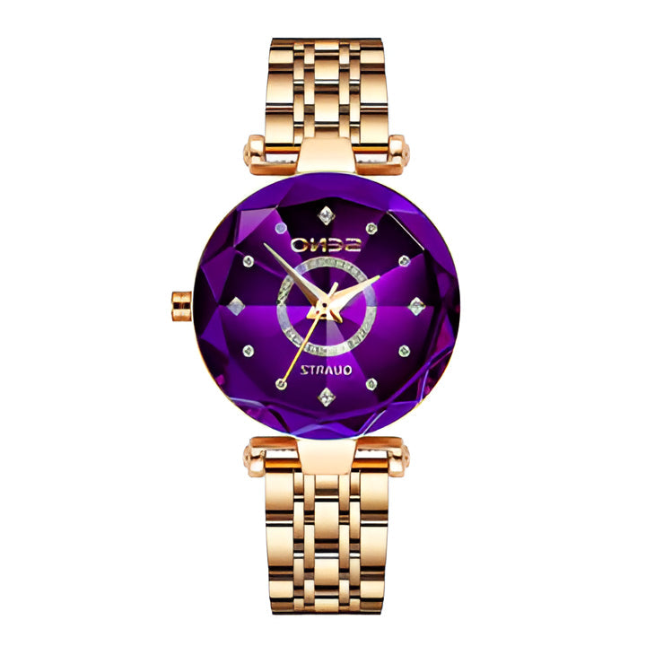 Close-up of Starry Women's Quartz Watch, highlighting the unique starry dial & rose gold finish.