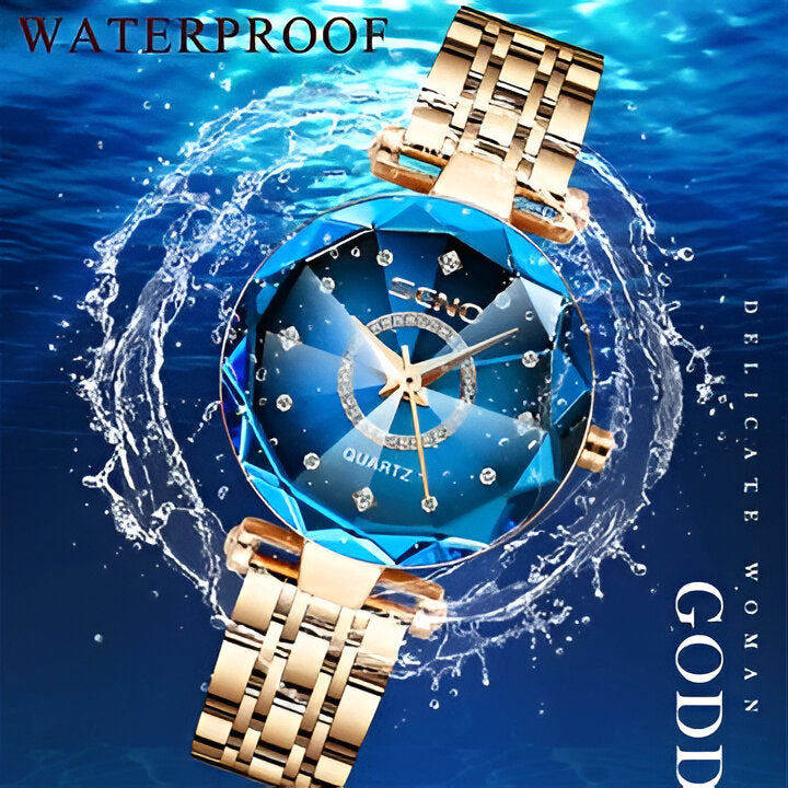 Modern women's stainless steel watch featuring a striking starry dial; perfect for any fashionista.