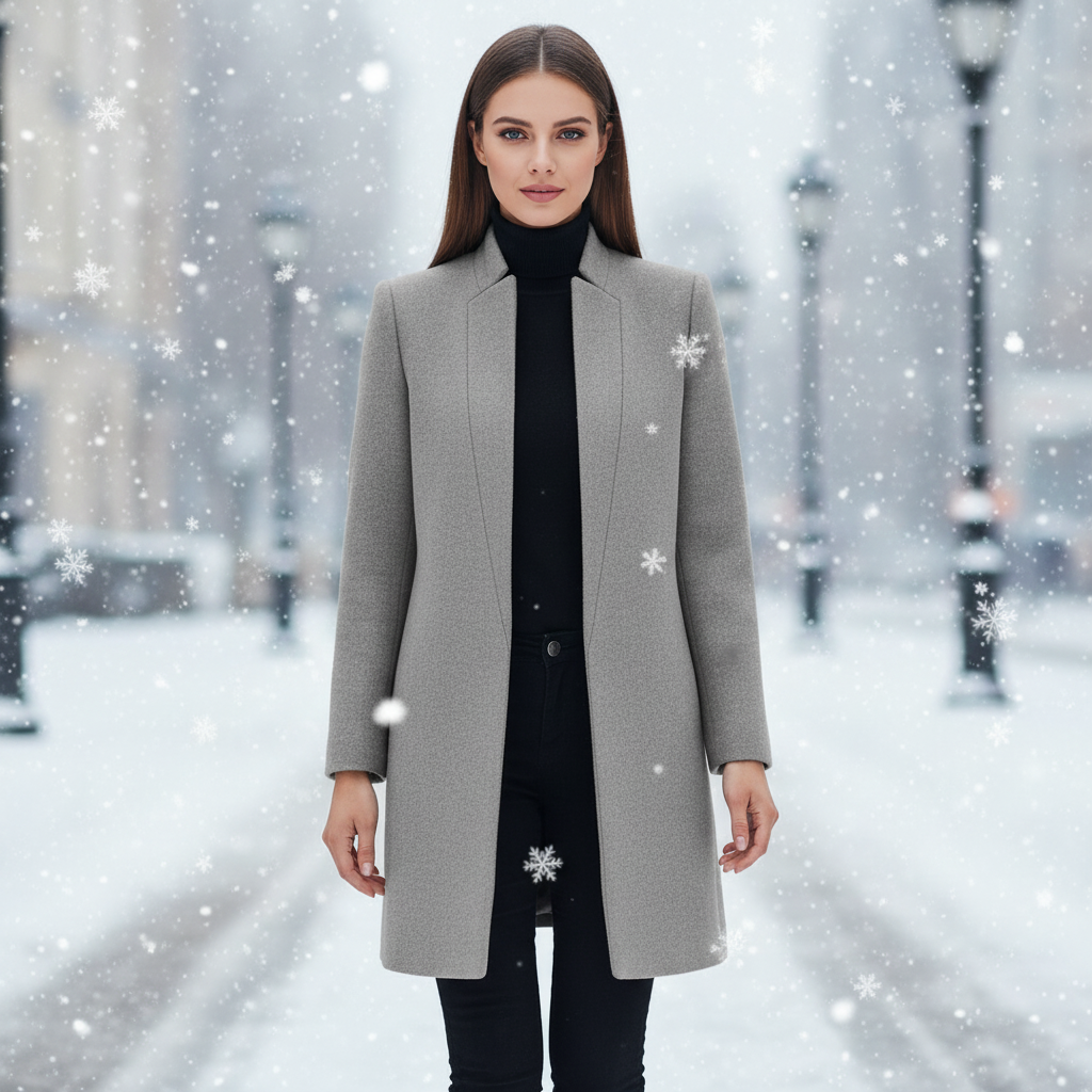 Elegant women's stand-up collar winter coat in wool blend, ideal for warm fashion and versatile wear.