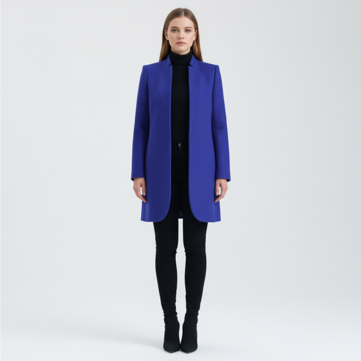 Side view of a women's stand-up collar winter coat, highlighting its sleek design and warm fashion.