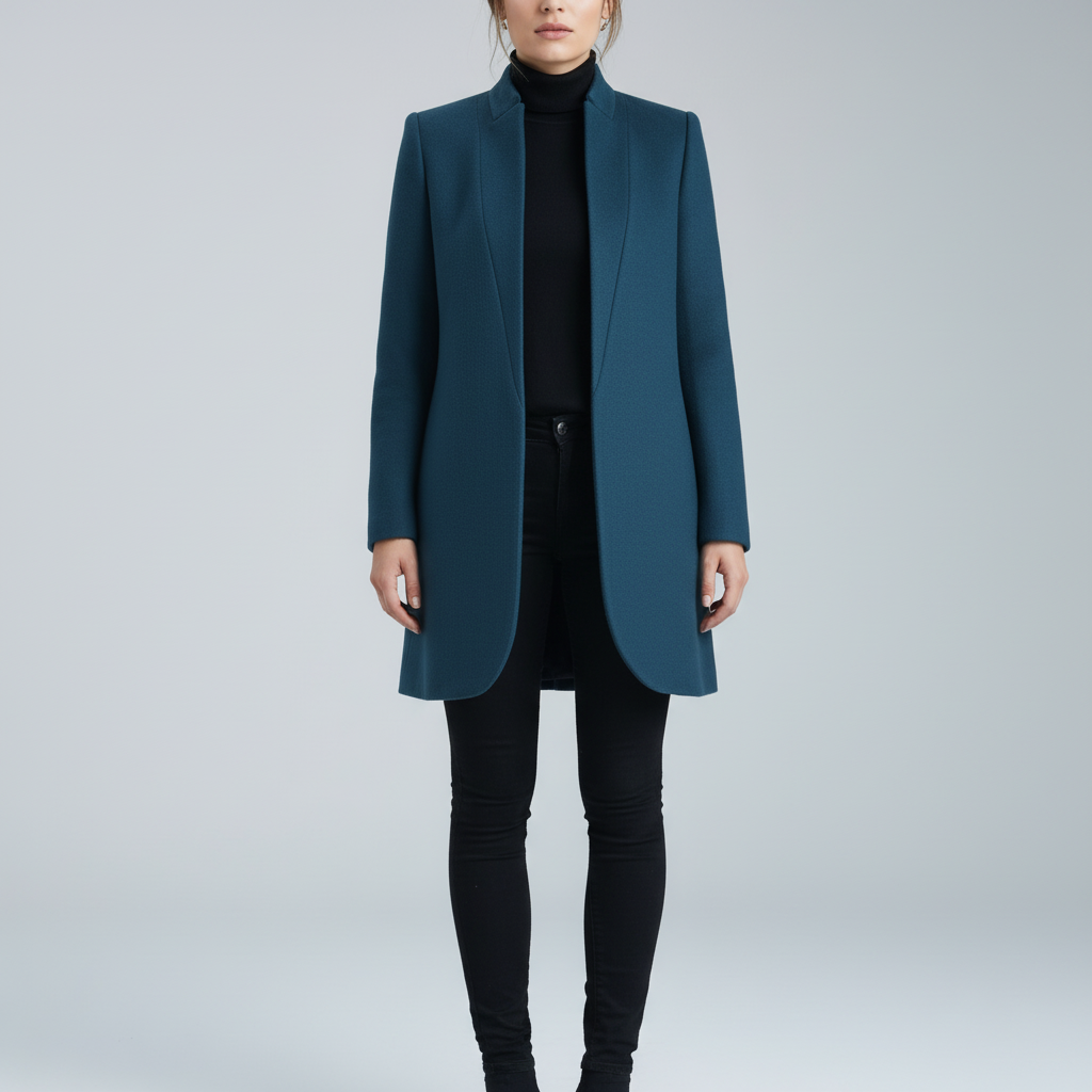 Warm wool blend women's winter jacket with a distinct stand-up collar, an elegant and versatile piece.