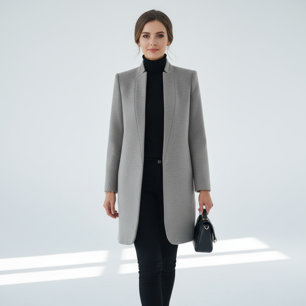 Close-up of the stand-up collar on a women's elegant outerwear, a cozy and versatile winter coat.