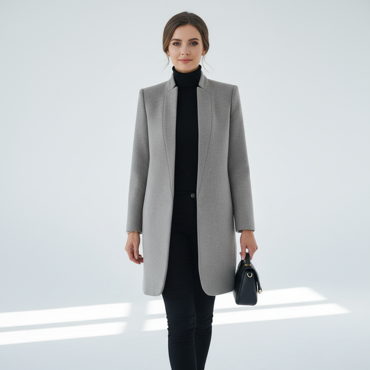 Close-up of the stand-up collar on a women's elegant outerwear, a cozy and versatile winter coat.