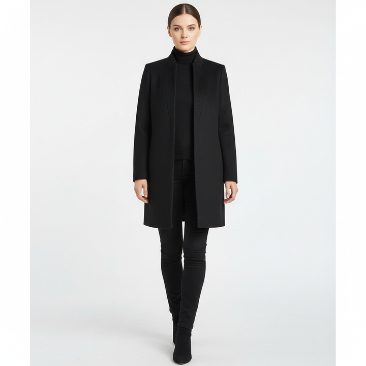 Full shot of a women's stand-up collar winter coat in wool blend, showcasing its elegant fashion.