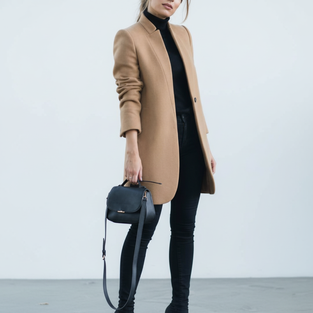 Women's long sleeve stand-up collar coat in a rich texture, combining warmth and elegant fashion.