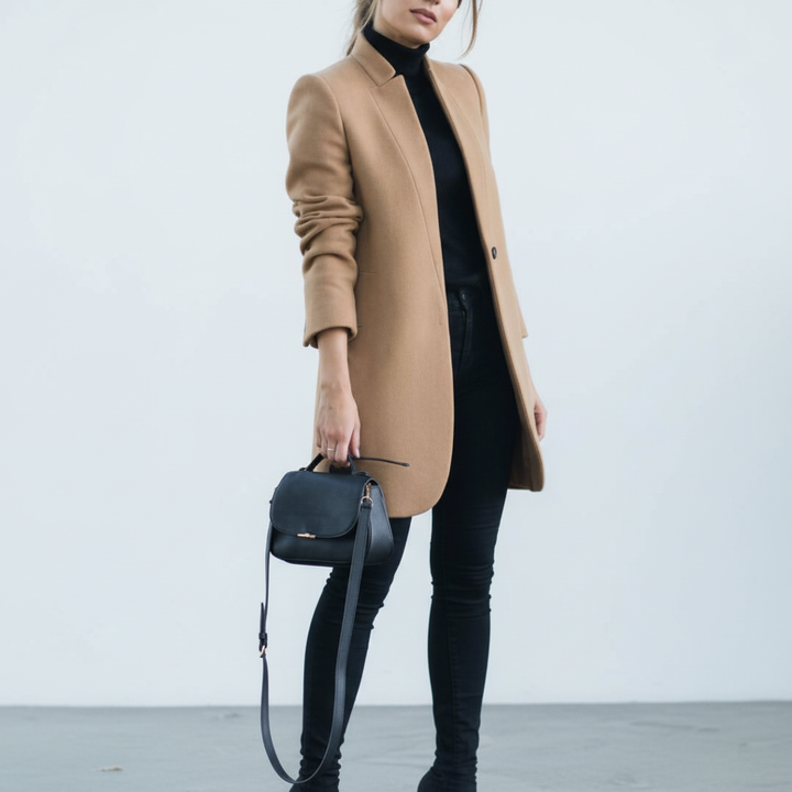 Women's long sleeve stand-up collar coat in a rich texture, combining warmth and elegant fashion.