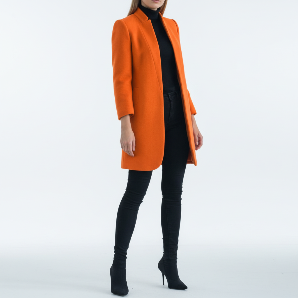 Stylish women's winter coat with a stand-up collar, made from a luxurious wool blend for versatile wear.