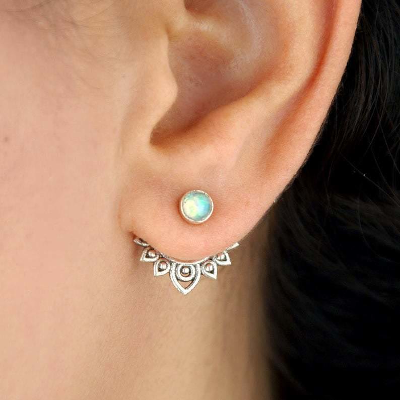 Elegant women's sterling silver lotus earrings with natural opal gemstones, perfect for any occasion.