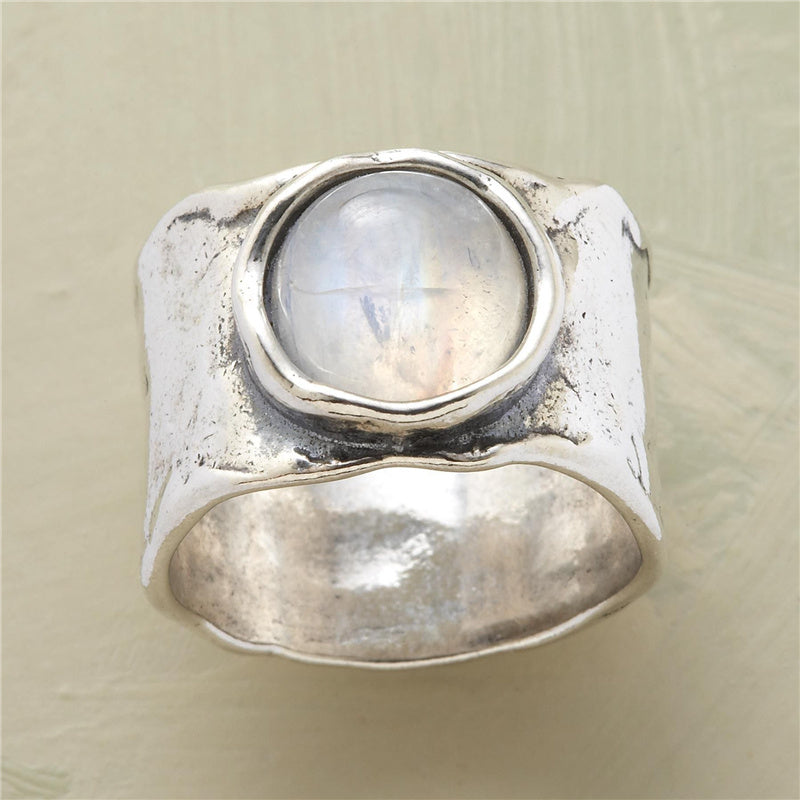 Elegant women's sterling silver moonstone ring with celestial design. Perfect everyday wear gemstone jewelry.