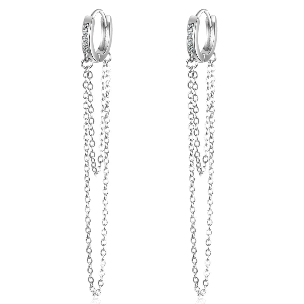 Elegant women's sterling silver sparkling dangle chain earrings, perfect for chic fashion accessories.