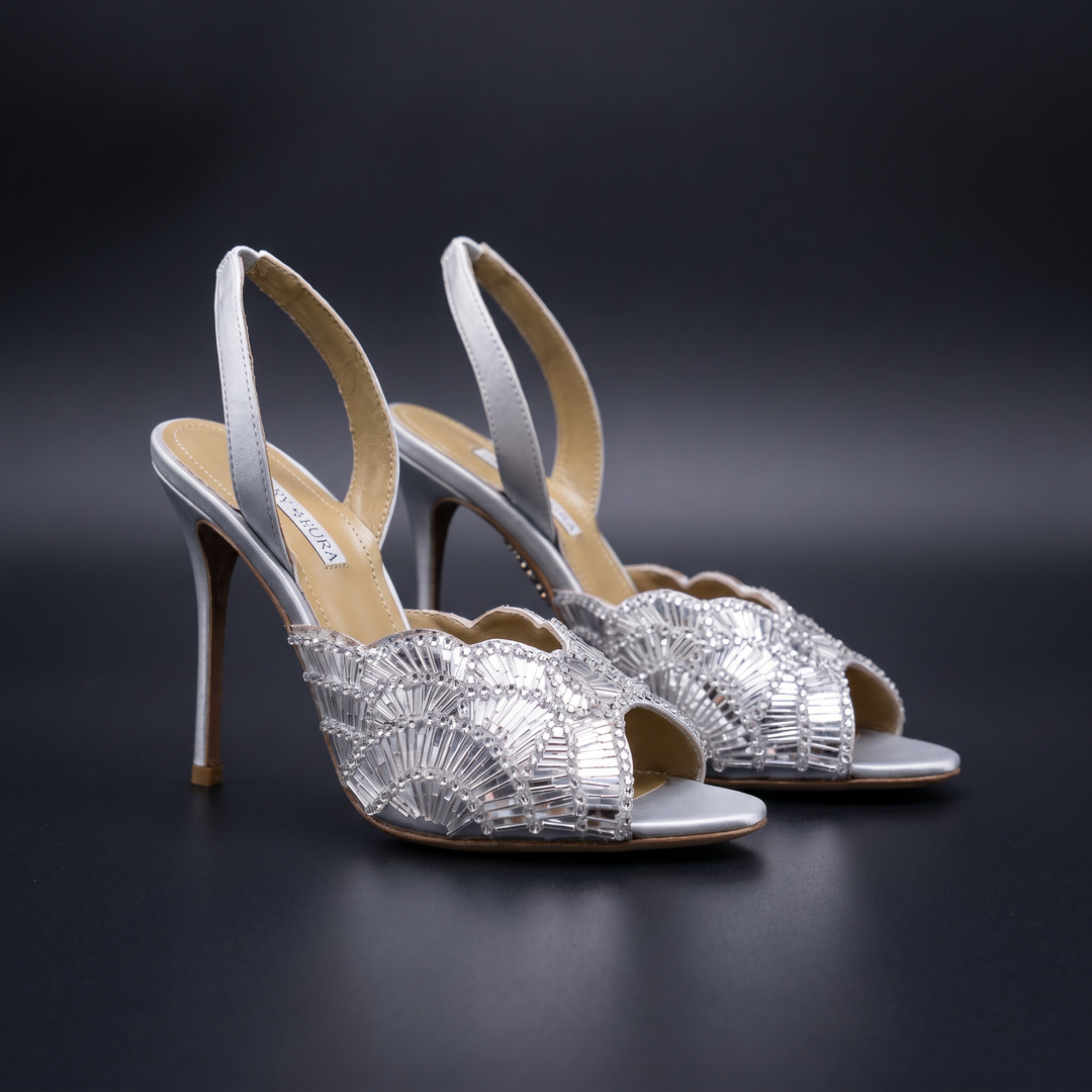 Women's ornate ankle strap stiletto heels with detailed peacock embellishment. Perfect formal dress shoes.