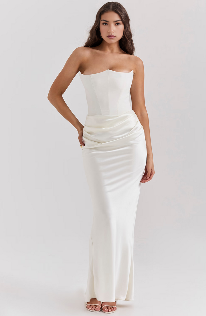 Timeless strapless corset maxi dress, a classic choice for women's formal wear & wedding guests.
