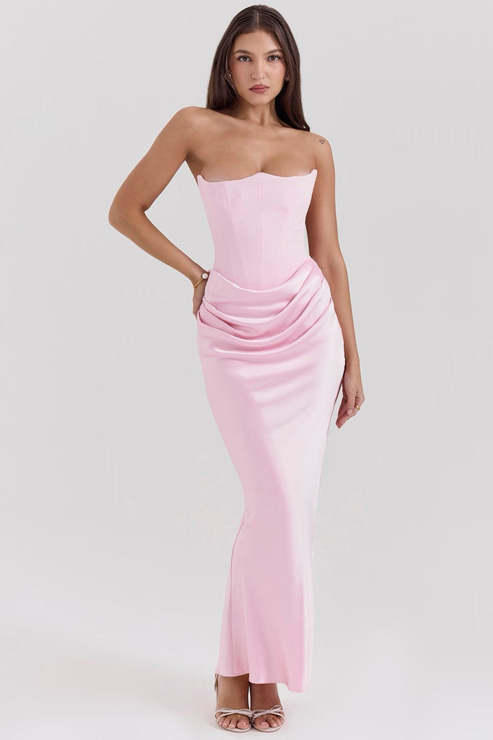 Premium strapless corset maxi dress, women's formal evening wear ideal for elegant wedding guests.