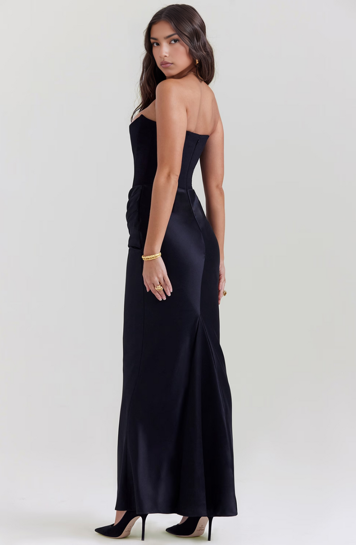 Flattering strapless corset maxi dress for women, an elegant choice for wedding guests & evening wear.