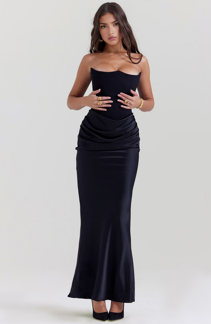 Dressed-up strapless corset maxi dress, women's formal attire suitable for elegant evening galas.