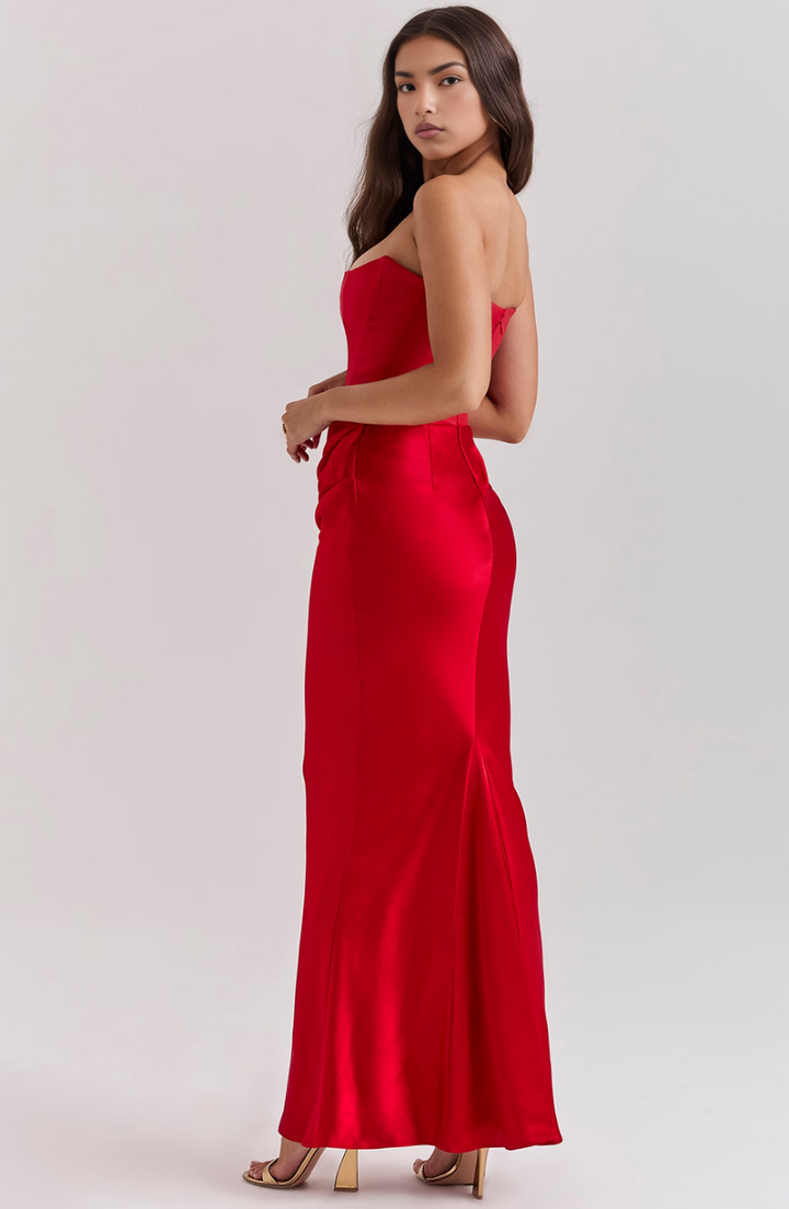 Unique strapless corset maxi dress for women, a standout formal evening gown & wedding guest option.